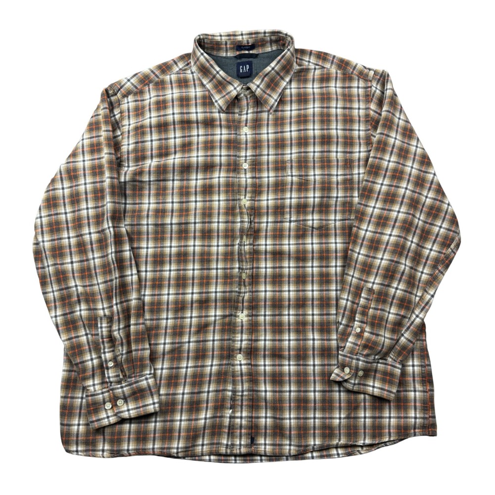 Gap Mens XXL Brown Orange Plaid Flannel Button Down Shirt Classic Fit LongSleeve